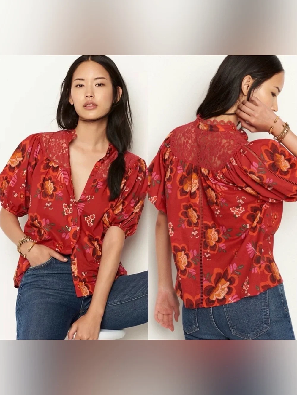 Anthropologie FARM Rio Giustina Lace Floral Cotton Blouse XL Red Puff Sleeve